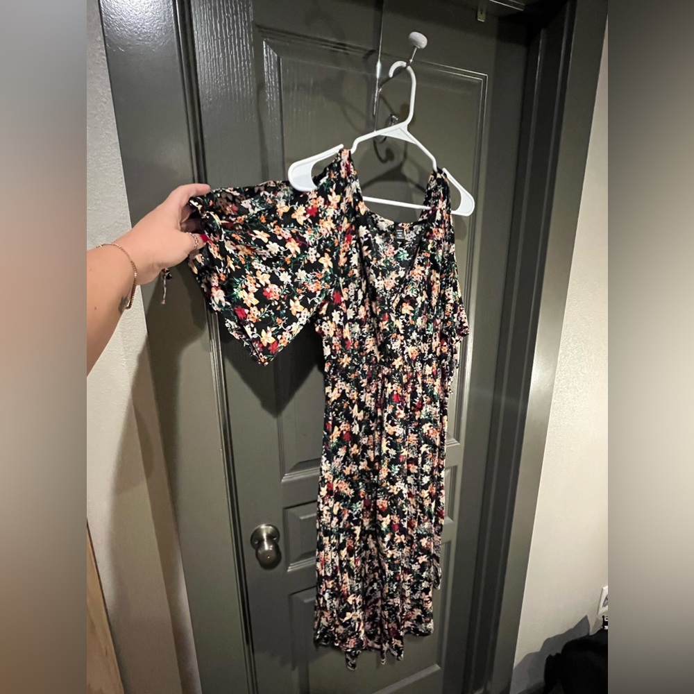 Black floral dress with cold shoulder detail